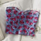 Lace-trim Floral Tube Top Blue - One Size