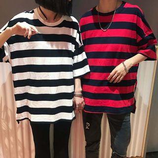 Striped Elbow-sleeve Side Zip T-shirt