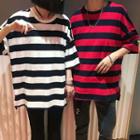 Striped Elbow-sleeve Side Zip T-shirt