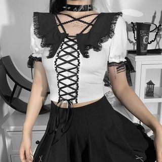 Short-sleeve Lace Trim Lace-up Crop Top