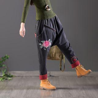 Embroidered Harem Pants Black Gray - One Size
