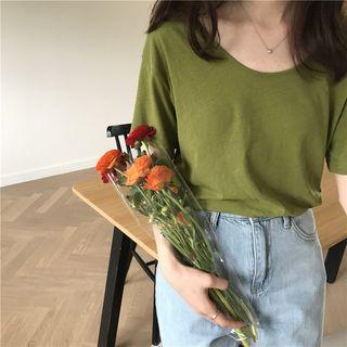 Round-neck Short-sleeve T-shirt Green - One Size