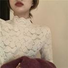 Lace Long-sleeve Slim-fit Top Off-white - One Size