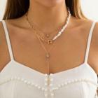 Set Of 3: Sun Pendant Faux Pearl Layered Alloy Necklace