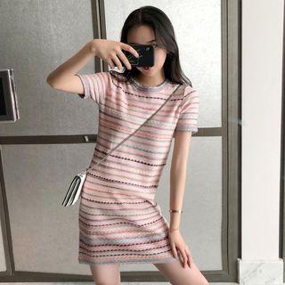 Patterned Short Sleeve A-line Dress As Shown In Figure - One Size