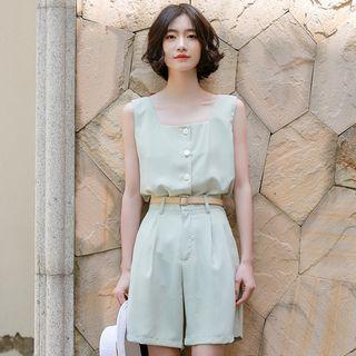 Set: Sleeveless Square-neck Buttoned Top + Dress Shorts