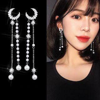 Rhinestone Moon And Star Faux Pearl Drop Earring