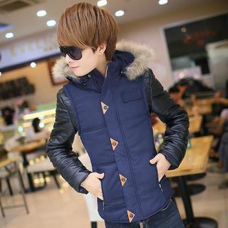 Faux Fur Hood Color-block Padded Jacket