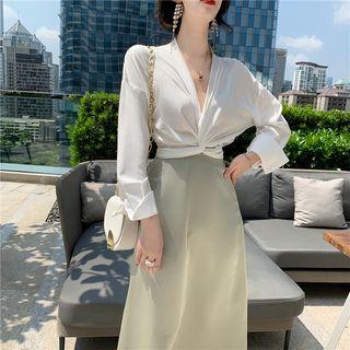 Set: V-neck Tie Back Blouse + Midi A-line Skirt Blouse - White - One Size / Skirt - Light Gray - One Size