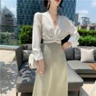 Set: V-neck Tie Back Blouse + Midi A-line Skirt Blouse - White - One Size / Skirt - Light Gray - One Size