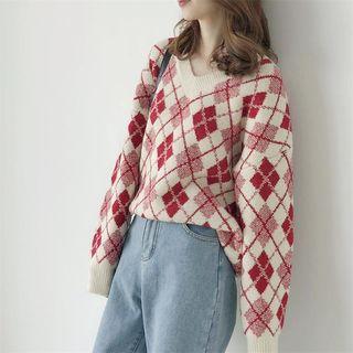 V-neck Argyle Sweater Beige - One Size