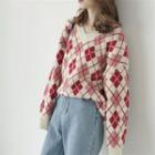 V-neck Argyle Sweater Beige - One Size
