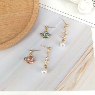 Asymmetric Rhinestone Planet Drop Earring / Clip-on Earring