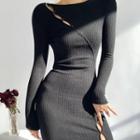 Long-sleeve Cutout Plain Knit Bodycon Dress