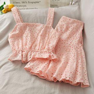 Set: Eyelet Ruffled Crop Top + High-waist Mini Skirt