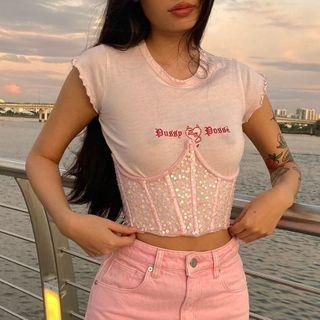 Set: Short-sleeve T-shirt + Sequin Corset Belt