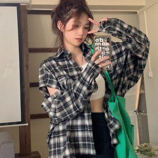 Plaid Cutout Shirt Plaid - Black & White - One Size
