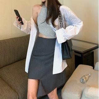 Pinstriped Shirt / Tank Top / Asymmetrical Mini Pencil Skirt