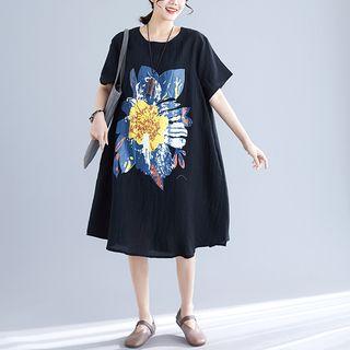 Printed Short-sleeve T-shirt Dress Black - One Size