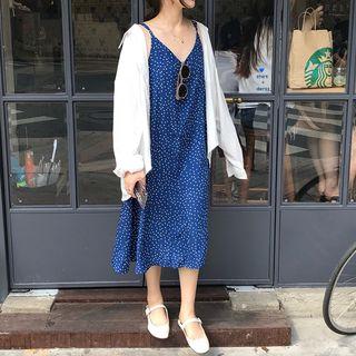 Spaghetti Strap Dotted A-line Midi Dress / Light Shirt