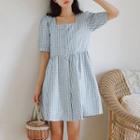 Short-sleeve Gingham Buttoned A-line Dress
