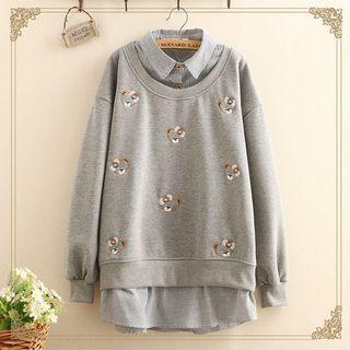 Mock Two Piece Bear Embroidered Top