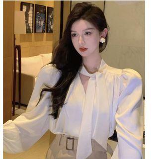 Puff-sleeve Mock-neck Blouse / Slit Midi Pencil Skirt