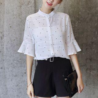 Elbow-sleeve Dotted Chiffon Blouse