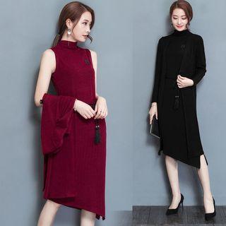 Set: Sleeveless Turtle Neck Knit Dress + Open Front Cardigan