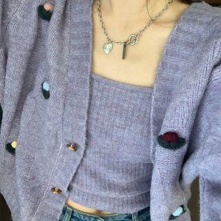 Set: Pom Pom Cardigan + Camisole Top Purple - One Size