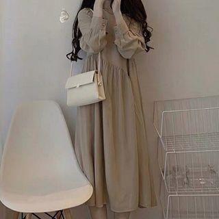 Long-sleeve Round Neck Plain Midi Dress