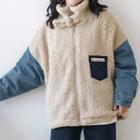 Denim-sleeve Buckled Furry Zip Jacket
