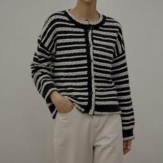 Stripe Cable-knit Cardigan Black - One Size