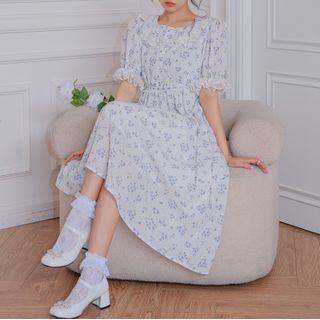 Short-sleeve Floral Printed Square-neck Dress