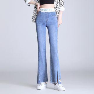 Lettering High-waist Denim Bell-bottom Pants