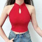 Sleeveless Frog-buttoned Knit Crop Top