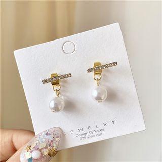 Rhinestone Bar Faux Pearl Dangle Earring 1 Pair - Earrings - Gold & White - One Size