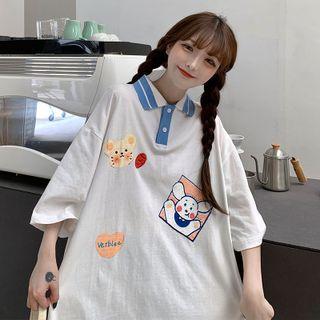 3/4-sleeve Applique Polo Shirt