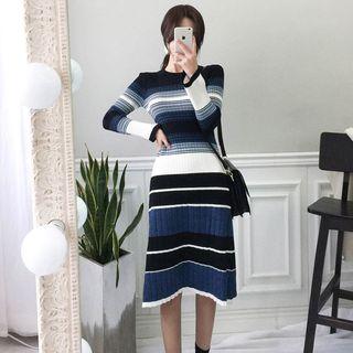 Striped Long-sleeve Midi Knit Dress As Shown In Figure - One Size