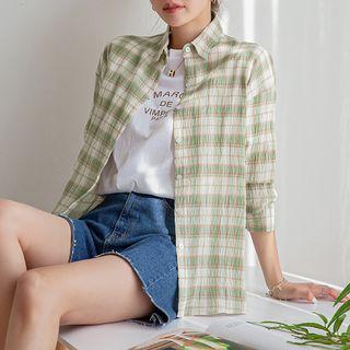 Drop-shoulder Crinkled Plaid Shirt