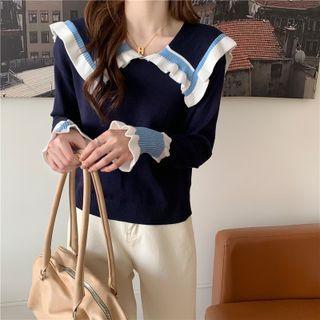 Ruffle Collar Color Block Long-sleeve Knit Top