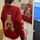 Bear Printed Long-sleeve Knit Top Red - One Size