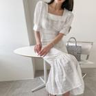 Eyelet-lace Blouson Blouse & Mermaid Skirt Set White - One Size