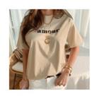 Crew-neck Letter T-shirt Light Beige - One Size