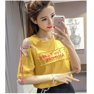 Open Shoulder Letter Short-sleeve T-shirt