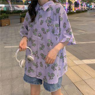 Elbow-sleeve Floral Print Oversize Shirt