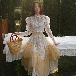 Puff-sleeve Lace Blouse / Midi A-line Layered Skirt