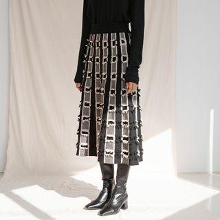 Fringe-detail Patterned Long Flare Skirt Black - One Size