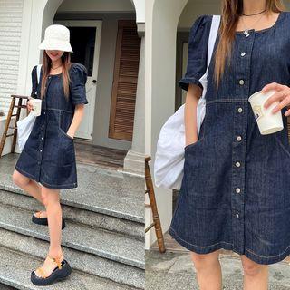 Square-neck Denim Mini Shirtdress Dark Blue - One Size