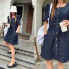 Square-neck Denim Mini Shirtdress Dark Blue - One Size
